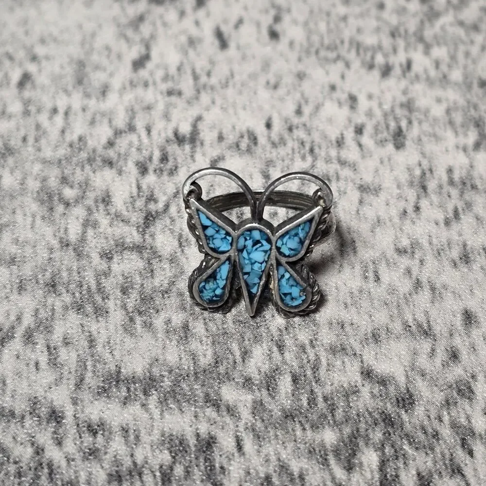 Silver Butterfly  Ring Size 6 Fine Jewelry Vintage Y2K Turquoise No Markings